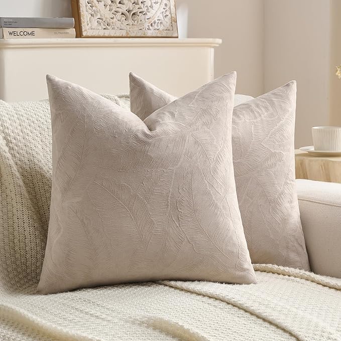 FUTEI Oatmeal Velvet Throw Pillow Covers 26x26 Inch Set of 2,Soft Embossed Leaf-Relief Textured Euro Pillow Shams,Natural Home Decor for Couch Living Room