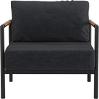 Flash Furniture Lea Indoor/Outdoor Patio Chair with Cushions - Modern Aluminum Framed Chair with Teak Accented Arms, Black with Charcoal Cushions