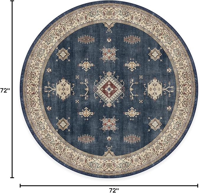 RUGGABLE Washable Vintage Area Rug – Verena Sapphire 6 ft Round, Stain-Resistant, Non-Slip – Medium Machine Washable Rugs for Living Room, Bedroom, Hallway, Entryway & Office–with Standard Pad