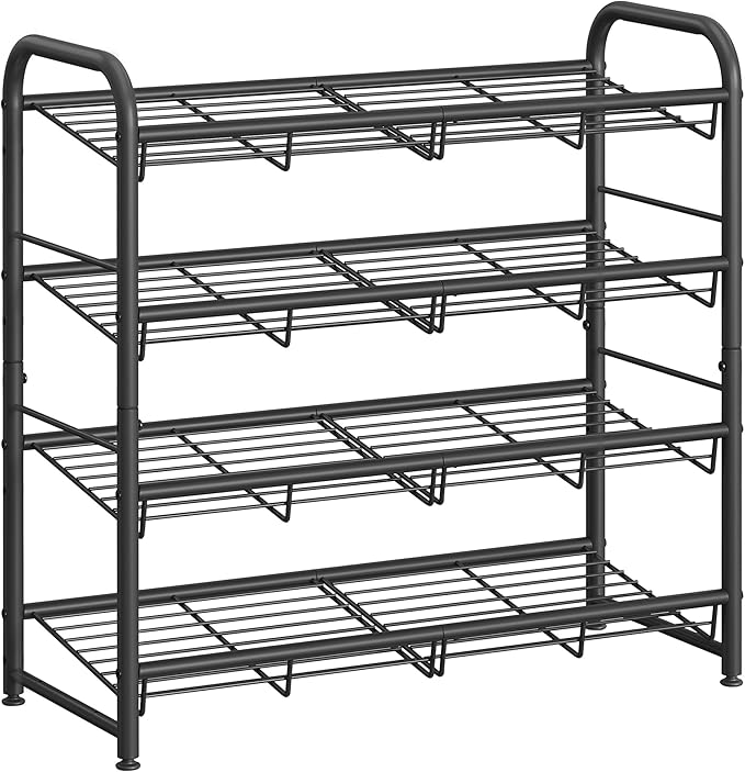 SONGMICS Stackable Shoe Rack, 4 Tier Metal Shoes Rack Storage Shelf, Holds up to 20 Pairs Shoes, Adjustable Slanted Shelves Shoe Tower Organizer for Closet Entryway Small Spaces, Black