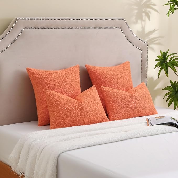 FUTEI Pack of 2 Orange Decorative Throw Pillow Covers 22x22 Inch Soft Cozy Solid Boucle Textured Cushion Case,Modern Home Decor for Couch Bed Living Room
