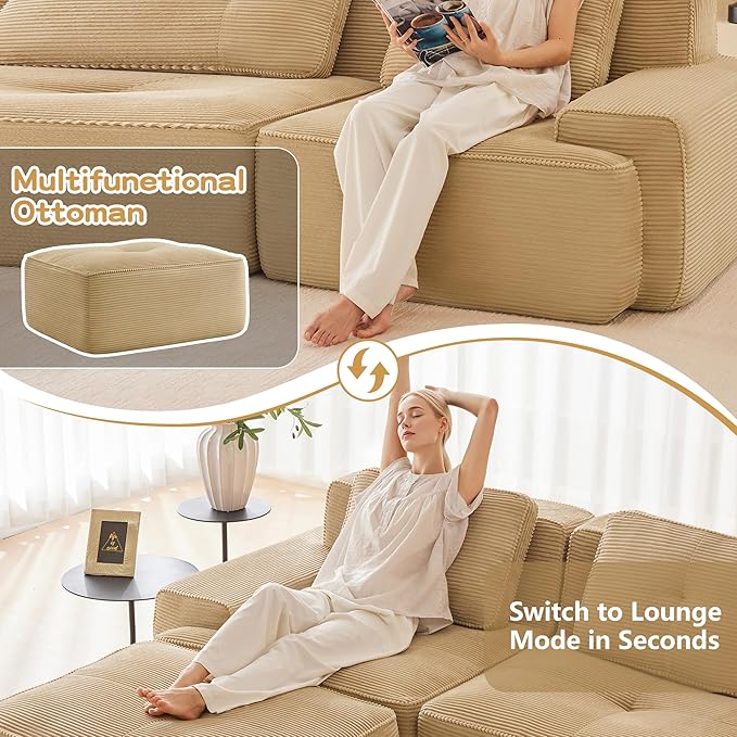 150.4” Camel Boneless Couches for Living Room, Modular Sectional Sofa with L-Shape Chaise, 4 Seater Comfy Upholstered Deep Seat Corduroy Fabric Cloud Couch No Assembly, Anti-Slip Design
