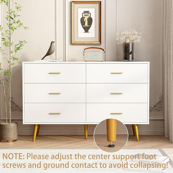 White Dresser for Bedroom with Gold Handles, 6 Drawer Wood Dresser Modern Chest of Organizer Storage Drawers for Hallway, Living Room, TV Stand