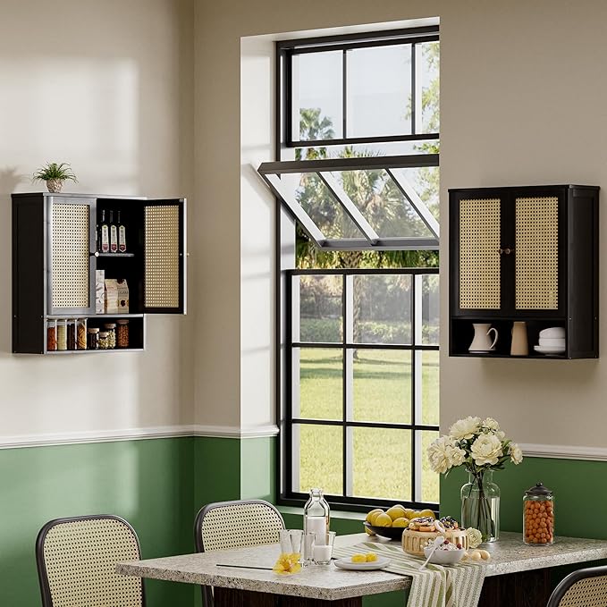 Bathroom Wall Cabinet, Bamboo Over-The-Toilet Storage Organizer with 2 Rattan Doors and Adjustable Shelf, Space Saver Medicine Cabinet for Laundry, Kitchen, Living Room (Black)