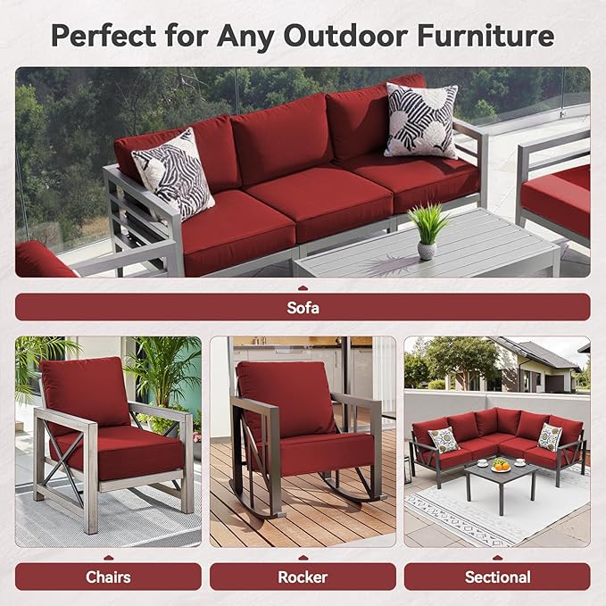 Luxury 6" Outdoor Cushions for Patio Furniture, 24x24x6" Thick Seat Cushion Set of 8, Fade Resistant Couch Chair Replacement Cushions High Density Deep Wicker Chair Cushion w/ Removable Cover, Red