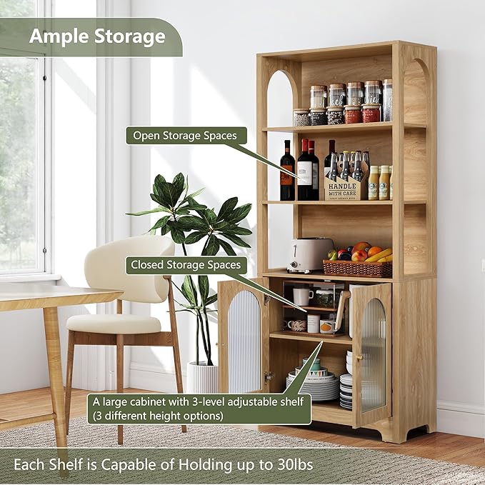 RARZOE 71" Tall Bookshelf and Bookcase, 5-Tier Arched Bookshelf with Glass Doors, Floor Standing 5 Shelf Book case, Wood Display Cabinet Storage Organizer for Living Room, Bedroom, Office(Natural)