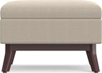 SIMPLIHOME Owen 34 inch Wide Mid Century Modern Rectangle Coffee Table Storage Ottoman in Natural Linen Look Fabric, Assembled, for the Living Room, Entryway and Family Room