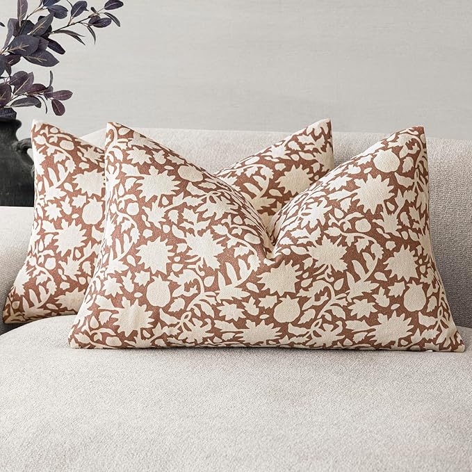 Foindtower Set of 2 Decorative Neutral Floral Throw Pillow Covers Accent Farmhouse Cushion Covers Boho Pillowcase for Couch Sofa Bedroom Living Room Home Decor,12×20 Inch,Light Orange Brown