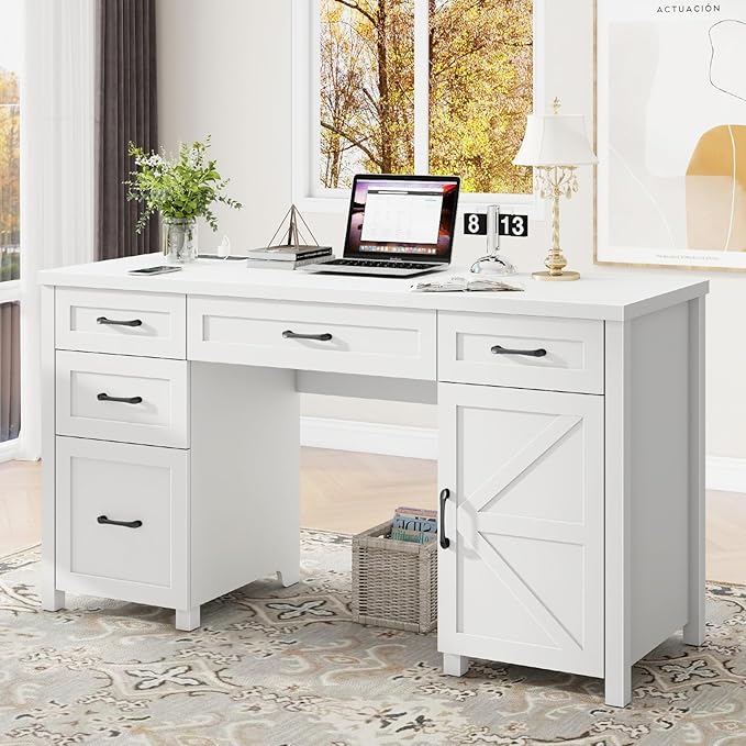 Vabches Farmhouse 61'' Executive Desk with 5 Drawers, Rustic Office Desk Computer Desk with Charging Station, File Drawers and Storage Cabinet, Wood Workstation for Study and Home Office,(Cream White