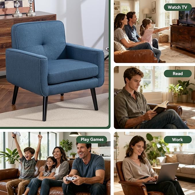 Mid Century Accent Chair, Fabric Modern Chair with Wooden Frame, Cozy Armchair Reading Chair with Comfy Back for Apartment, Living Room, Bedroom, Waiting Room, Small Space, Corner, Blue