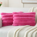 FUTEI Hot Pink Decorative Throw Pillow Covers 12x20 Inch Set of 2, Square Soft Faux Rabbit Fur Thick Striped Lumbar Pillow Case,Winter Home Decor for Couch Bed Living Room