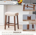 PrimeZone Counter Height Bar Stools Set of 3 - Backless Saddle Barstools with 4.3" Thick Upholstered, Nailhead Trim Linen Fabric & Solid Wood Legs, 26 Inch Counter Stools for Kitchen Island, Beige