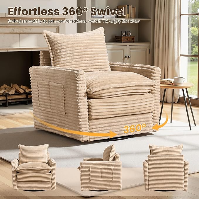 130" Modular Sofa with Swivel Chair & Ottoman, Modern Cloud Sectional Couch Plush Corduroy 5 Seater Deep Seat Sofas Set & Accent Armchair for Living Room, Beige