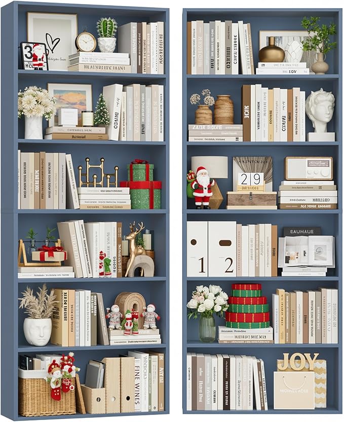 FOTOSOK 70.8" Tall Bookcase Shelf, 6 Tier Wide Bookshelf with Storage, Billy Bookcase Set of 2, Large Bookshelf for Living Room, Home Office,Blue