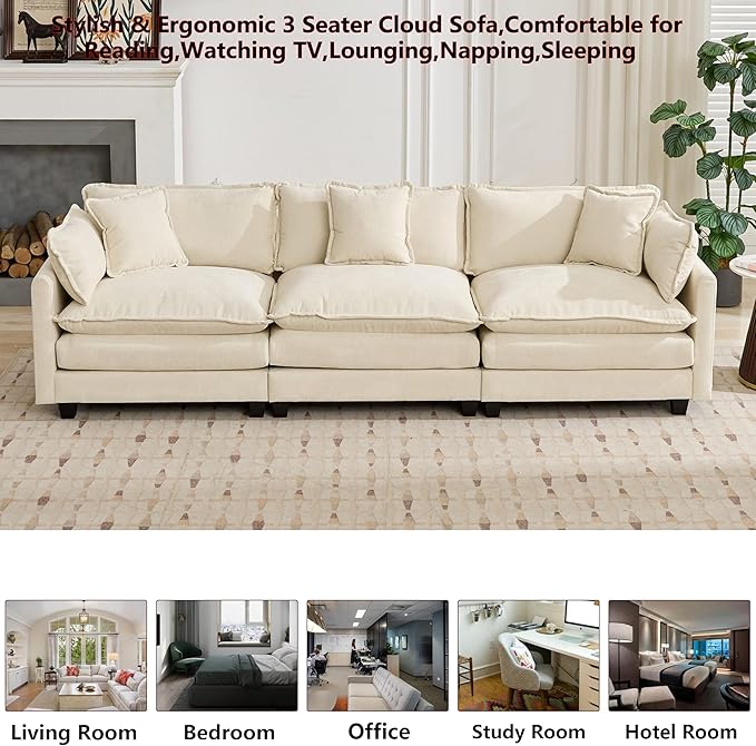 Aoowow Modular Sectional 3 Seater Cloud Sofa Couch for Living Room,113.8" Cloud Sofas with Deep Seat,Modern Chenille 3 Seat Sofas,Fluffy Cloud Couches for Bedroom,Apartment,Office (Beige, 3 Seater)