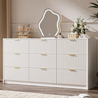 3-Piece Dresser Bedroom Set, 9 Drawer Dresser & 3 Drawer Nightstands with Gold Handles, Fluted Wood Chest of Drawers for Bedroom, Living Room, Entryway, White