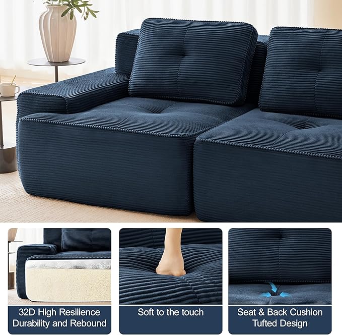 80.3” Blue Boneless Couches for Living Room, Modular Sectional Sofa, 2 Seater Comfy Upholstered Loveseat Deep Seat Corduroy Fabric Cloud Couch No Assembly, Anti-Slip Design