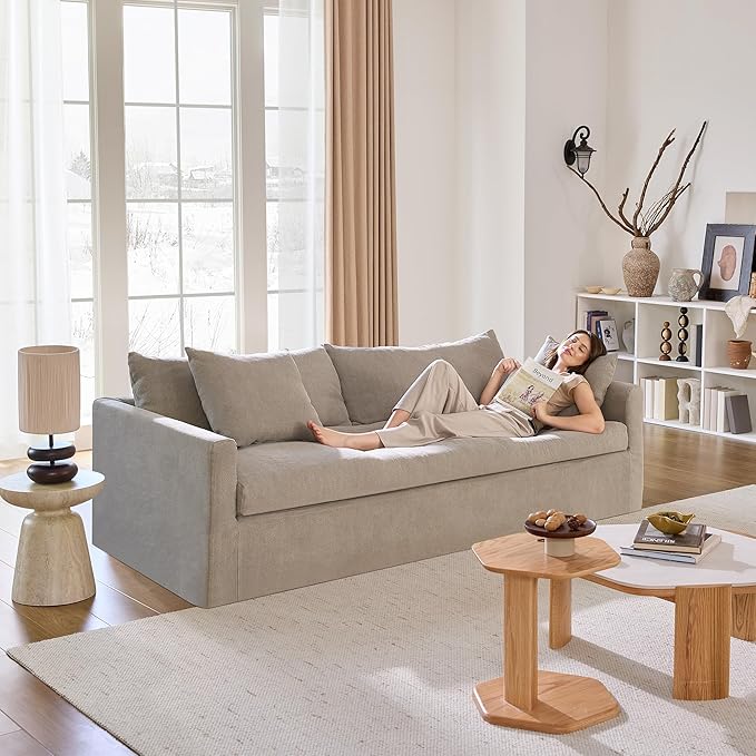 SICOTAS 90.5" Modern Sofa with Deep Seat, Large Down-Filled Cloud Couch with 4 Pillows & Solid Wood Frame, Oversized 3 Seater Sofa Comfy Sleeper Couches for Living Room, Apartment, Wheat Gray