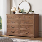 DICTAC Farmhouse 9 Drawers Dresser for Bedroom, Wide Dressers Chest of Drawers, Large Storage Closet Organizer with Natural Texture and Vintage Metal Handle, Wooden Dresser TV Stand for Living Room