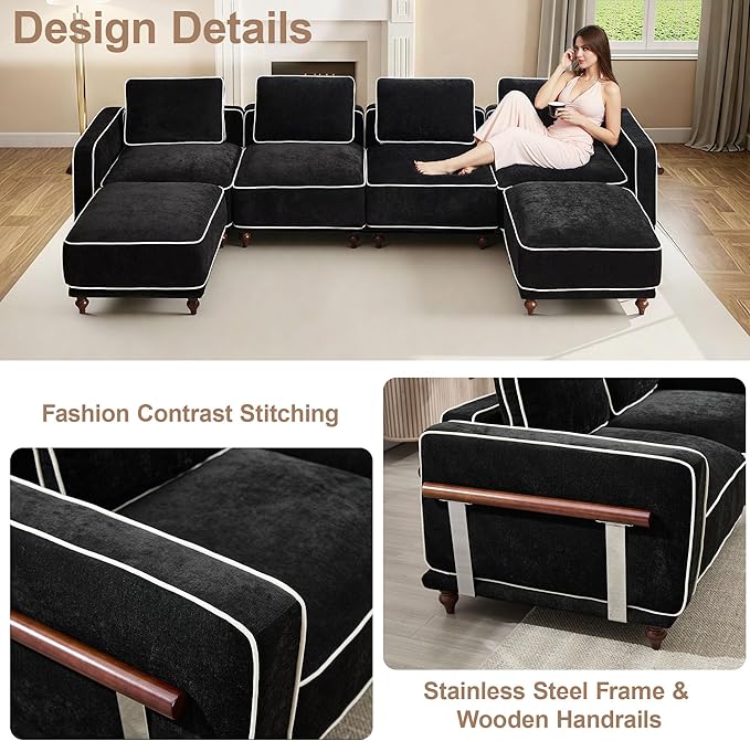 35" Square Ottoman for Modular Couch Sectional Sofa,Movable Footstool with Wooden Legs for Living Room Bedroom,Comfy Thicked Cushion Upholstered Foot Rest,Black