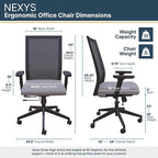 Nexys Home Office Desk Chair, Adjustable Tilt, Height Adjustable Armrests, High Mesh Back Variable Height, Rolling Work Swivel Chairs with Wheels, Comfortable for Long Hours, Lunar | Fabric