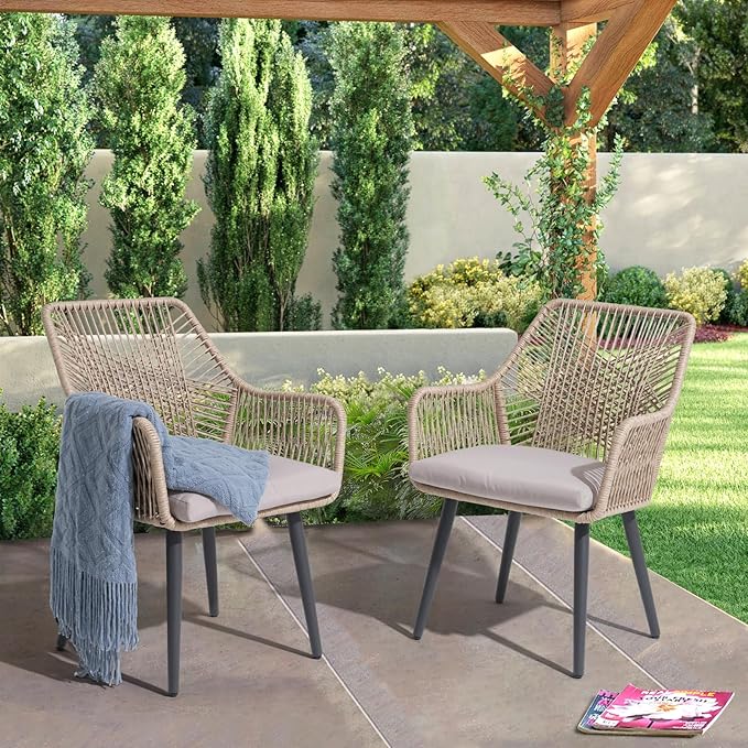 JOIVI Outdoor Dining Chairs Set of 2, 2 Pieces Woven Rope Patio Chairs with Armrest and Seat Cushions for Outside Porch, Balcony or Indoor Kitchen, Restaurant, Tan