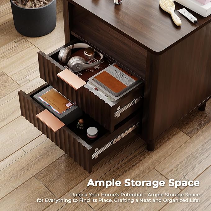 Fluted Nightstand with Charging Station, 2 Drawers Storage Bedside Table, Solid Wood Modern Nightstand with Open Shelf, Curved Profile Design, End Table for Indoor Room Bedroom Office, Walnut