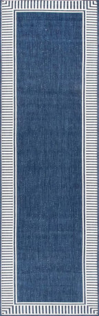 nuLOOM 2' x 8' Outdoor Area Rug, Casual Design With Striped Border, Stain Resistant, Highly Durable, For Patio, Balcony, Bedroom, Living Room, Dining Room, Bathroom, Navy