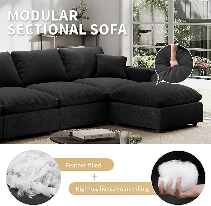 Modern Sectional Linen Couch for Living Room V-Shape Sofas,7 Seat Modular Cloud Sofas,Couches Cushion Covers Removable,Cozy Feather Down Sofa for Apartment Black