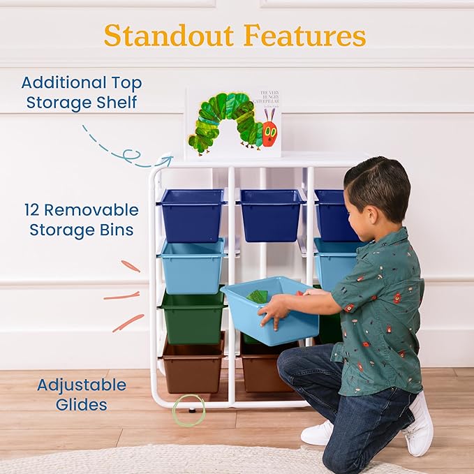 ECR4Kids 4-Tier Storage Rack with 12 Cubby Bins 4x3, Multipurpose Organization, Earthtone