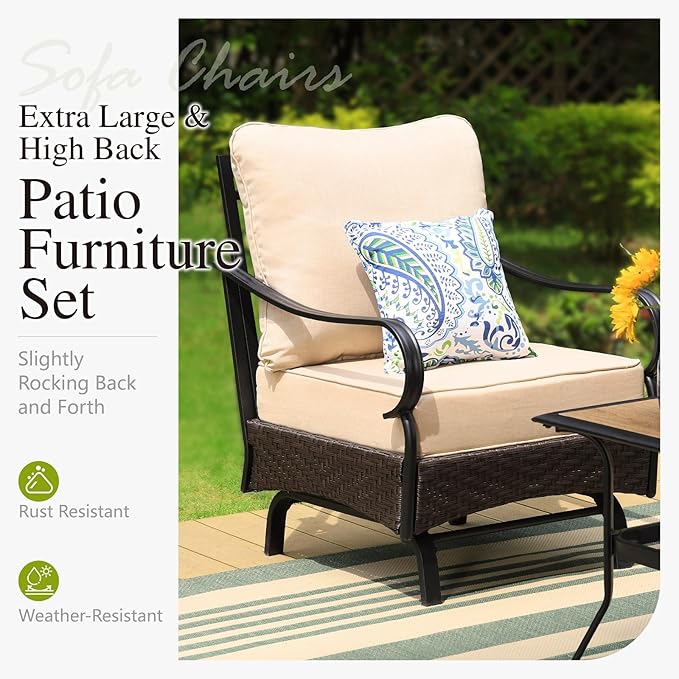Sophia & William Patio Furniture Set, Outdoor Metal Conversation Set 7 Seats with 3-Seater Sofa, 2 Motion Chairs, 1 Loveseat, 1 Coffee Table for Seating, Lawn Porch Backyard,Beige