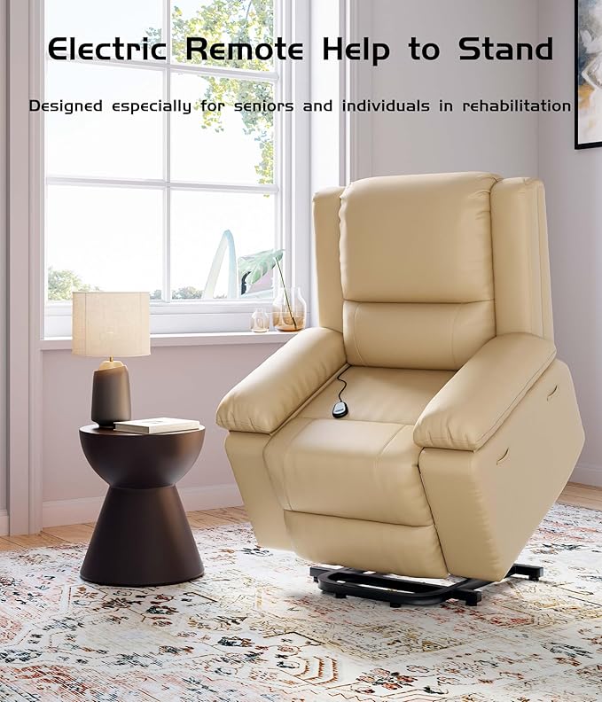 GarveeHome Power Lift Recliner Chair - Heat and Massage, Faux PU Electric Lift Recliner for Elderly & Mobility Impaired, Adjustable Back and Legs, Heavy Duty Lift Chair for Seniors