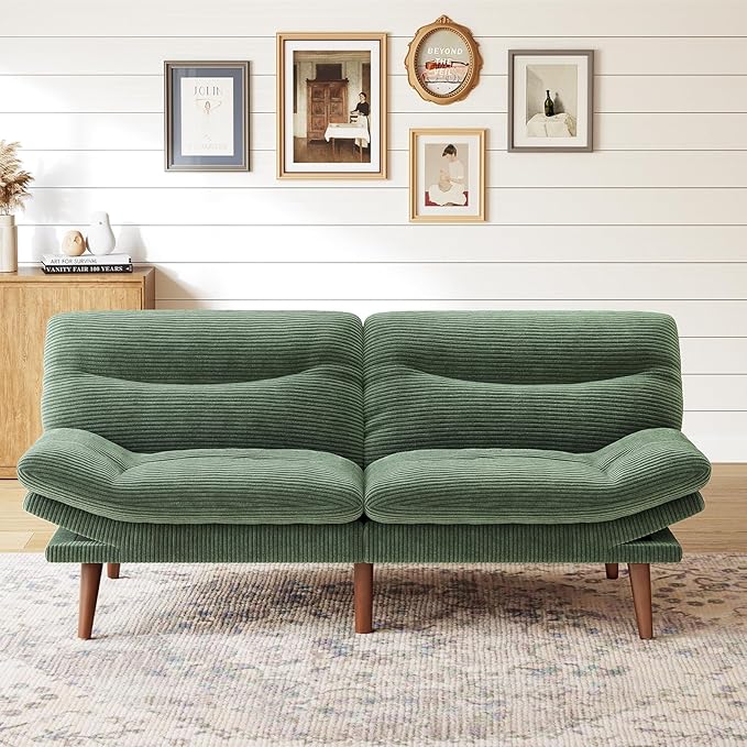 Marsail 75" Futon Sofa Bed, Futon Couch with Adjustable Backrest & Armrests, Convertible Sleeper Sofa Bed for Apartment, Living Room, Office, Corduroy Loveseat, Green