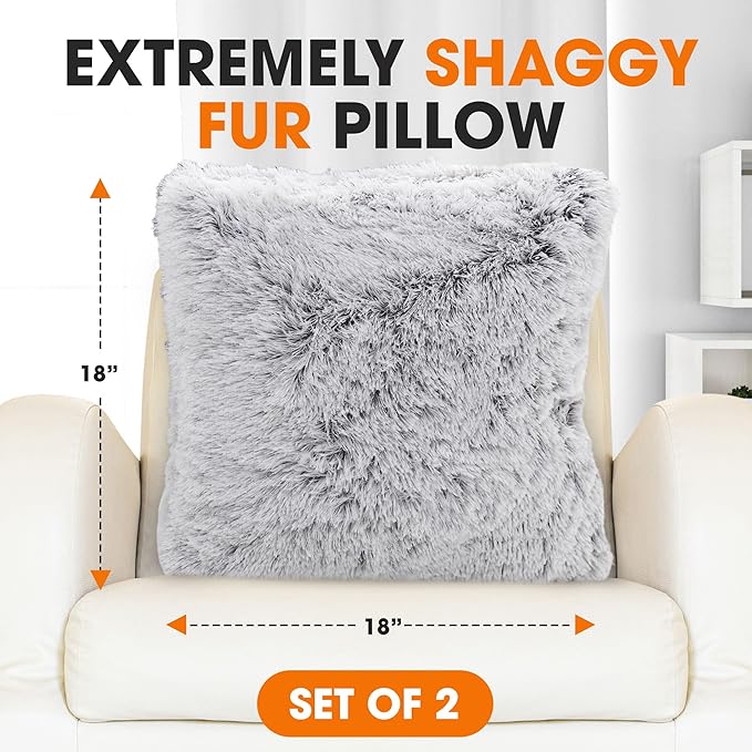 Cheer Collection Throw Pillows for Couch and Bed, Soft Shaggy Throw Pillows with Inserts Included, Cozy Long Hair Faux Fur Pillows - Set of 2-20" x 20" - Gray