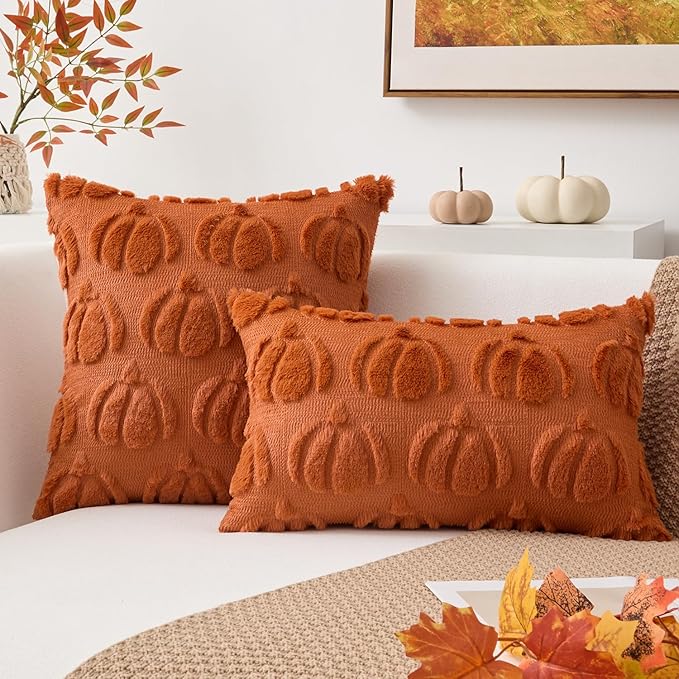 Kevin Textile Fall Pillow Covers 12x20 Inch Set of 2 Soft Pumpkins Decorative Lumbar Throw Cushions Plush Autumn Faux Fur Harvest Gift for Couch Sofa Chair Bedroom Home Decor, Brown