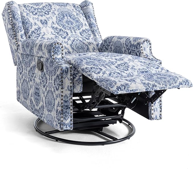 UIXE Swivel Rocker Manual Recliner Chairs Set of 2, Wingback Swivel Glider Fabric Nursery Reclining Sofa Chair, High Back Upholstered Arm Chair for Living Room Bedroom - Navy Floral