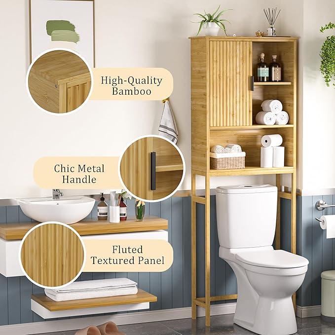 Over The Toilet Storage Cabinet with Fluted Doors, Bathroom Over Toilet Rack with Adjustable Shelf Bamboo FreeStanding Space-Saving Storage Organizer, Natural