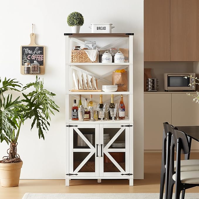 5 Tier Bookshelf 70" Tall Bookcase with Barn Doors,Large Farmhouse Display Book Shelf with Adjustable Shelves and Storage Cabinet，Library Wood Bookshelves for Living Room,Kitchen,White(3PCS)