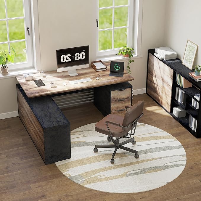 86.61" L Shaped Standing Executive Desk and 63" lateral File Cabinet, Large Adjustable Heigh Office Computer Desk with 3 Drawers,2.3" Desktop,Business Workstation,Black and Warm Oak