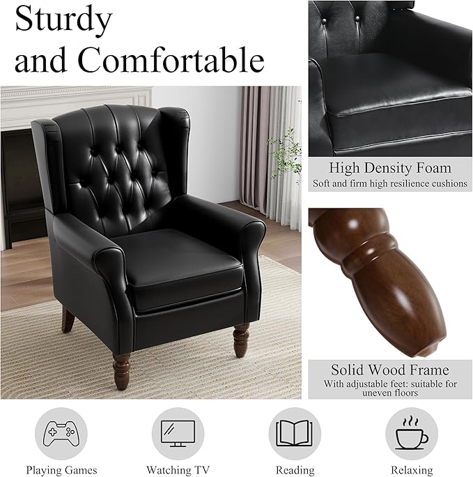 Mid-Century Modern 2-Piece Wingback Chair Set - Luxe Faux Leather Accent Chairs with Wooden Legs, Easy-Clean Lounge Seating for Living Room, Home Theater & Dining Room - PU Leather Matched Pair Black