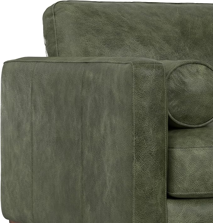 SIMPLIHOME Morrison Accent Chair - 43 inch Wide Upholstered Top Grain Genuine Leather Mid-Century Modern Arm Chair with Solid Wood Frame in Moss Green, for Living Room with 2 Bolster Pillows