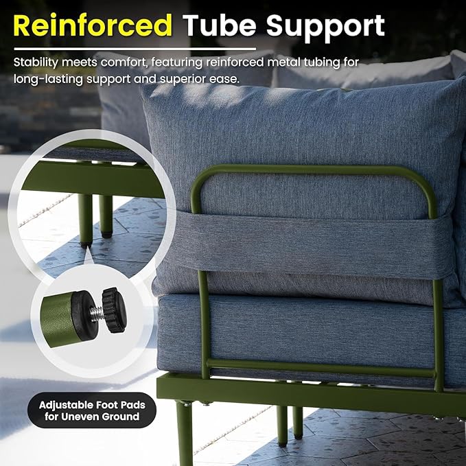 Sundale Outdoor 3 Pieces Patio Furniture Set, Metal Outdoor Sectional Sofa with 6 Inch Olefin Cushion and Coffee Table, All-Weather Modern Outdoor Conversation Sets (Green Frame)