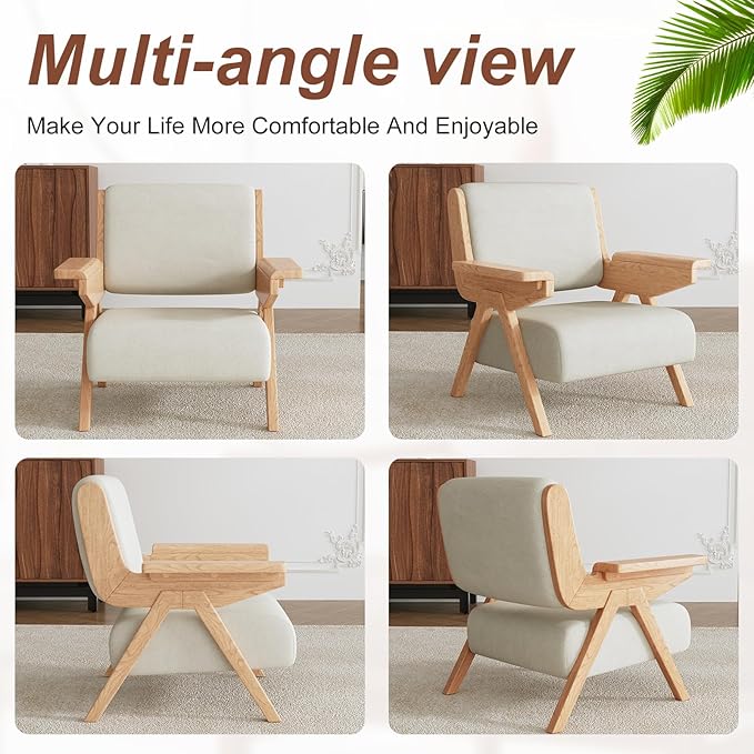 Mid Century Modern Accent Chair Set of 2, Fabric Upholstered Lounge Arm Chairs with Solid Wood Frame for Living Room, Bedroom, Office, Reading Corner(White)