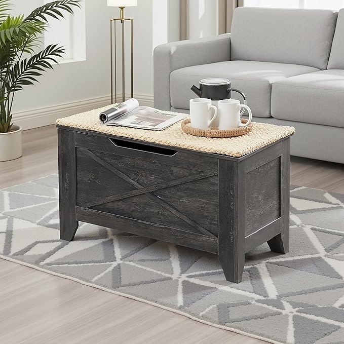 VECELO 30" Storage Bench, Entryway Shoe Ottoman, Farmhouse Style Bench with Handwoven Cushion and Metal Safety Hinges, for Bedroom, Living Room, Entryway, Gray