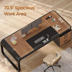 Itaar 70.9" Executive Desk, Large Computer Desk with Drawers and Lateral File Cabinet, Office Desk with Removable Shelves, Business Furniture Desk Workstation for Home Office, Brown