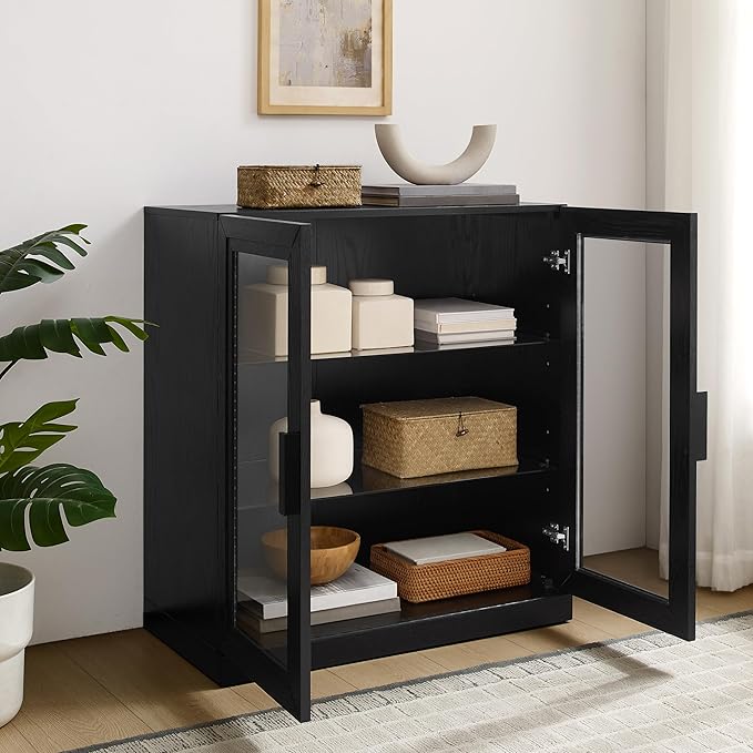Crosley Furniture Essen Stackable Glass Door Kitchen Pantry Storage Cabinet, Accent Cabinets for Entryway, Black