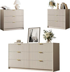 3-Piece Dresser Bedroom Set, 6 Drawer Dresser & 3 Drawer Nightstands with Gold Handles, Fluted Wood Chest of Drawers for Bedroom, Living Room, Entryway, Beige