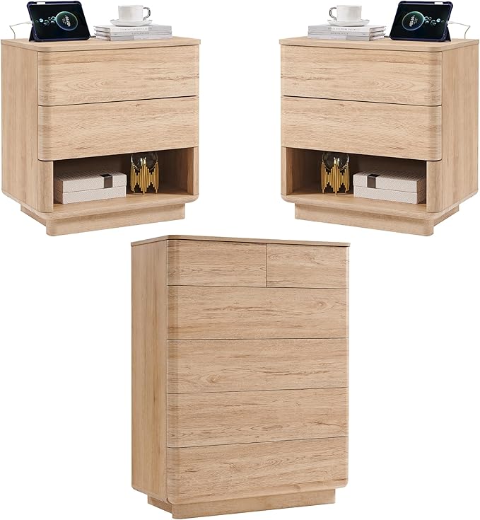 ACCOHOHO Modern Bedroom Set, 3 Pieces Bedroom Furniture Set, Wood 6 Drawer Dresser and Nightstands Set of 2, Chest of Drawers Wide Storage Organizer Cabinet for Bedroom,Natural Oak