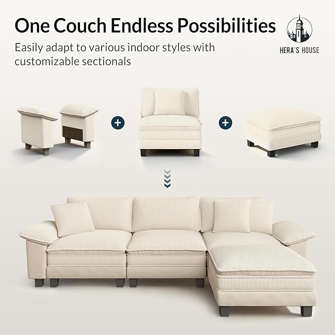 HERA'S HOUSE Oversized Modular Sectional Sofa, 124" U Shaped Cloud Couch with Ottoman and Throw Pillow, Mixed Fabric Sleek Couches for Living Room, Beige