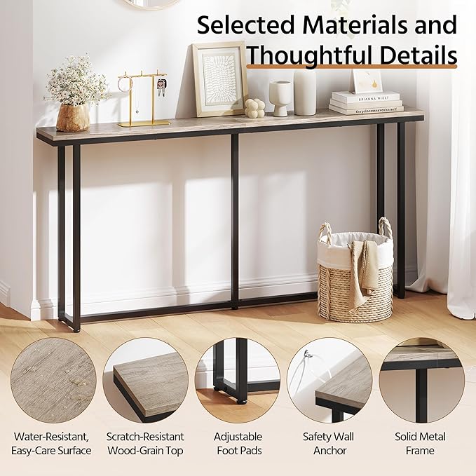 Yaheetech Narrow Console Table with Sturdy Metal Frame, 63 Inch Extra Long Entryway Sofa Table for Behind Couch, Hallway, Living Room, Gray
